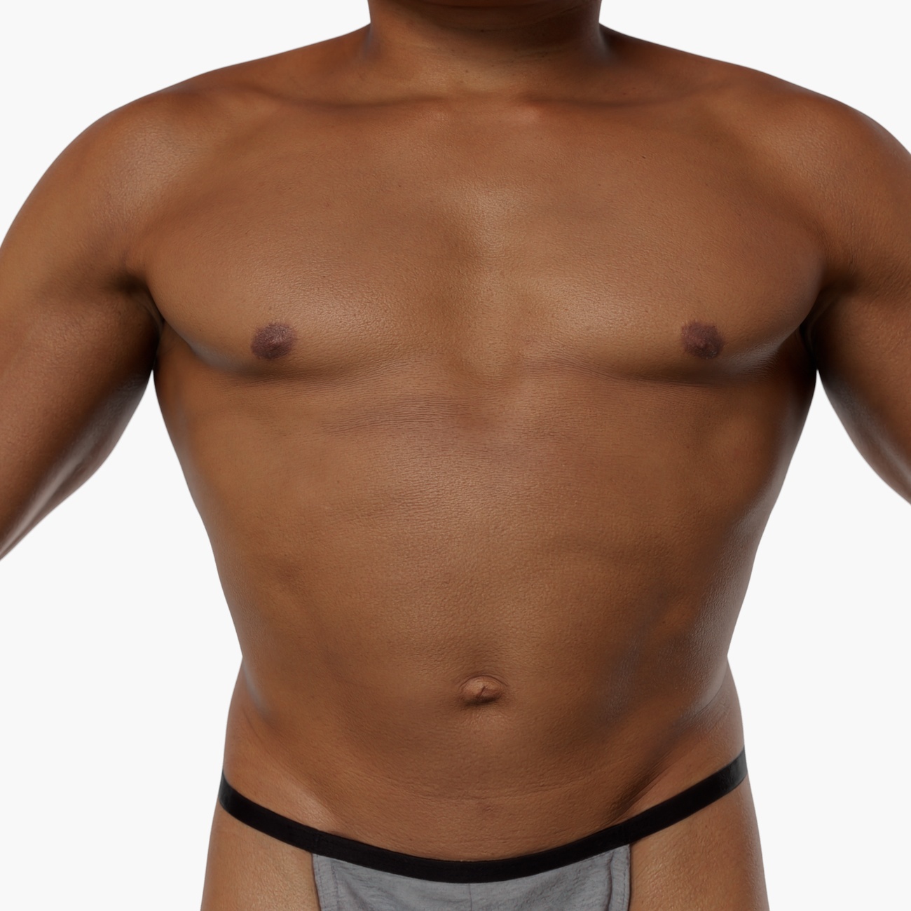 Zoomed torso render of a lean athletic male 3D body scan showing high-resolution skin texture detail